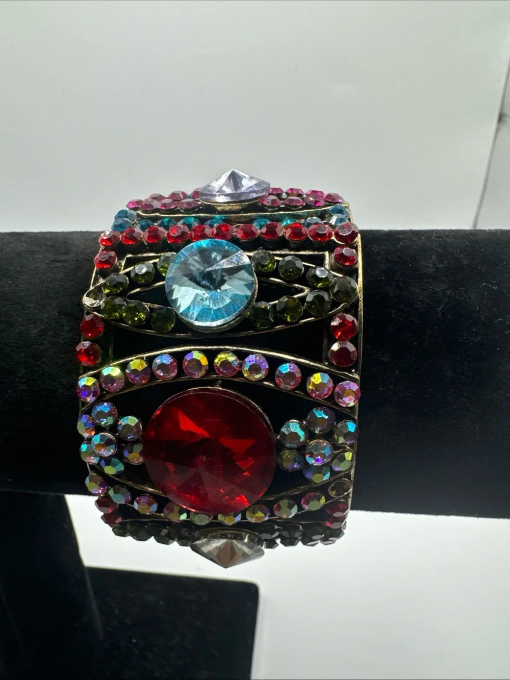 Multicolor Gemstone Statement Cuff Bracelet - Red, Blue & Green Accents
